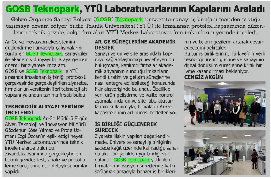 YENİ HABER GAZETESİ / GOSB Teknopark, YTÜ Laboratuvarlarının Kapılarını Araladı