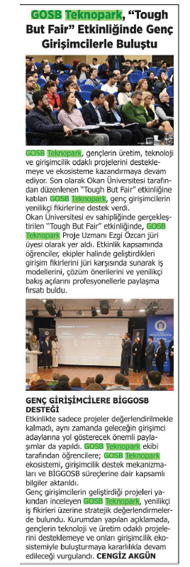YENİ HABER GAZETESİ / GOSB Teknopark, Tough But Fair Etkinliğinde Genç Girişimcilerle Buluştu